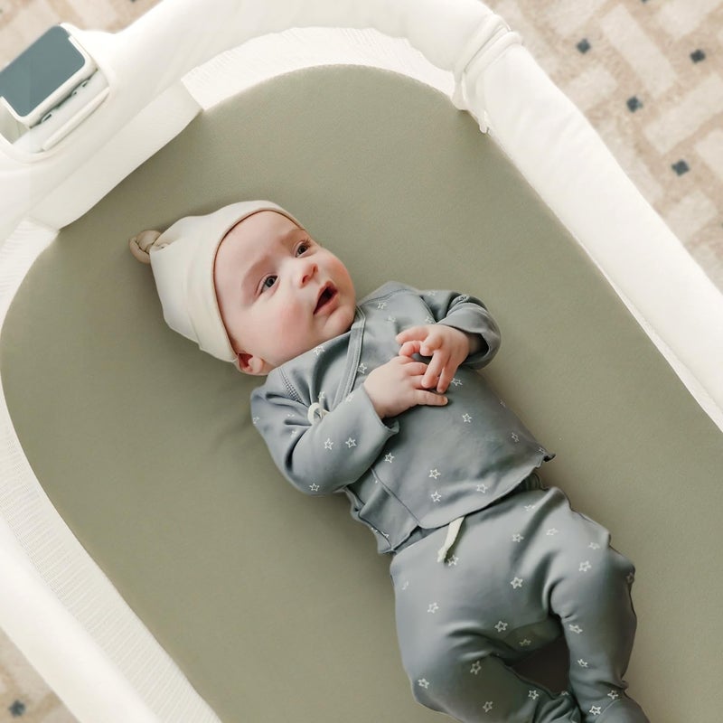 GRSSDER Stretchy Ultra Soft Fitted Bassinet Sheet 3 Pack, Universal Fit for Bassinets Baby Cradle Moses Basket Oval Rectangle Mattress Safe and Snug, Jersey Bassinet Sheets for Girls, White/Sage - Image 4